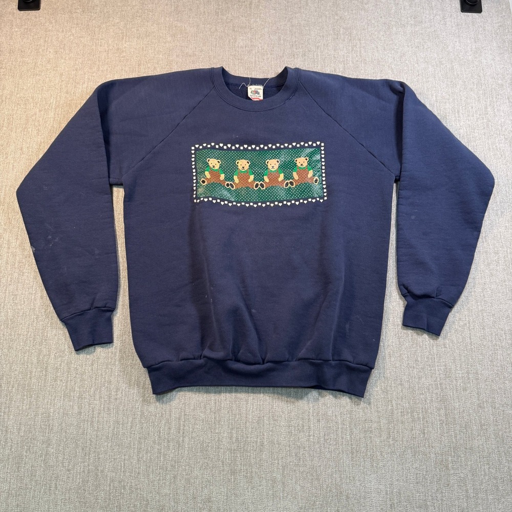 Vintage Fruit of the Loom Teddy Bear Sweatshirt Navy Blue XL Made in USA Raglan